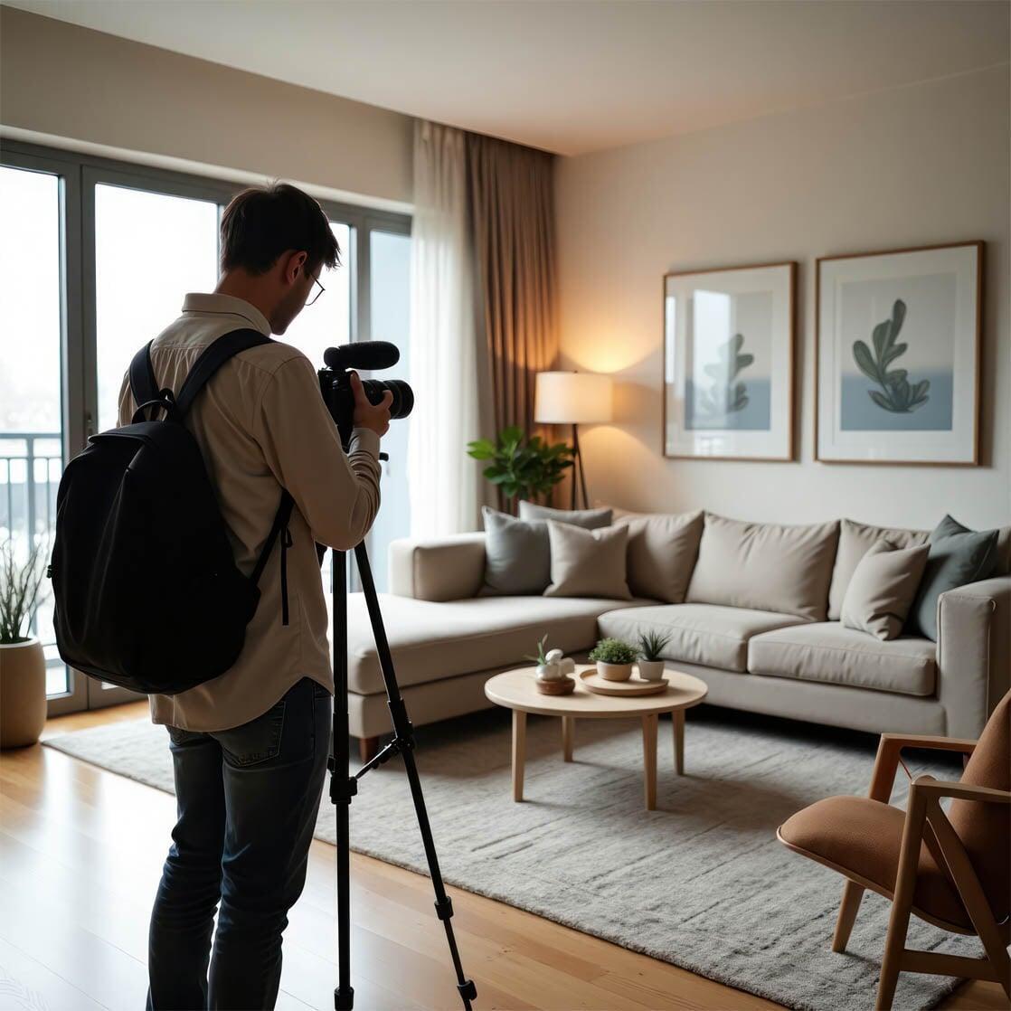 Photographer taking a photo of a staged livingroom